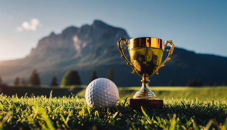 Golf trophy and golf ball on green grass with mountain background.の素材