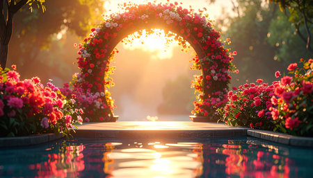 Wedding arch with flower in the garden at sunset time.の素材
