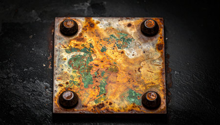 Old rusty metal plate on dark background, top view, copy spaceの素材