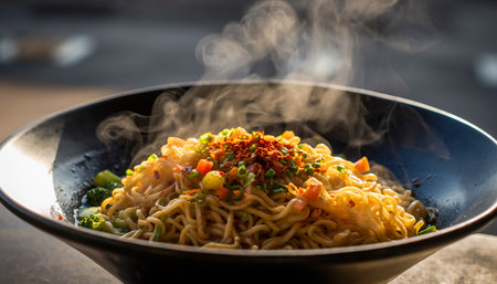 Chinese noodles with vegetables in a black bowl on a wooden table.の素材