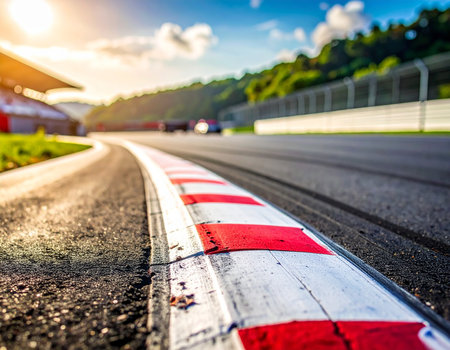 Red and white line on the race track with car on the backgroundの素材