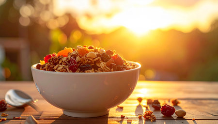 Healthy breakfast with muesli and raisins on wooden table outdoorsの素材