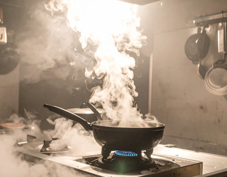 Cooking in a wok on a gas stove in the kitchenの素材