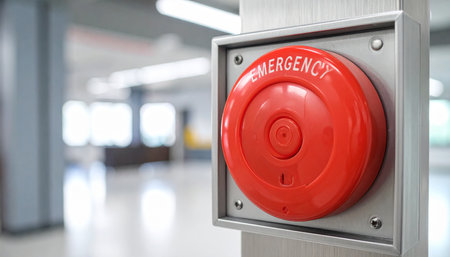 Red emergency button in the corridor of a modern office building (3d render)の素材
