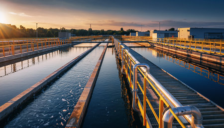 Wastewater treatment plant with sunrise casting light on reflecting water channels and industrial structures.の素材