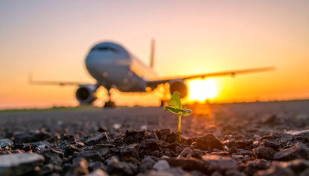 Plane and seedling on the ground at sunset. Business concept.の素材