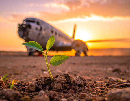 Plane and green plant in the desert at sunset. Concept of environmental protection.の素材