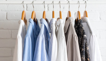 Men's shirts on hangers on a white brick wall background.の素材