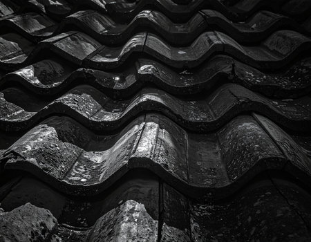 Black and white image of an old roof made of slate tiles.の素材