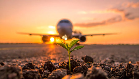 Plant growing on the ground and sunset background, business and agriculture conceptの素材