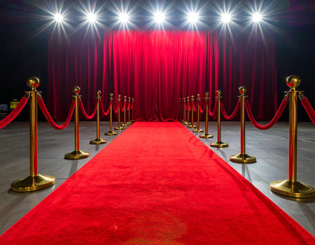 Red carpet with golden stanchions and red curtains in a theaterの素材
