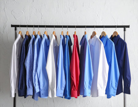Rack with different shirts on white wall background. Fashionable clothesの素材
