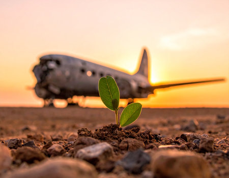 Plane and plant in the desert at sunset, concept of environmental conservationの素材