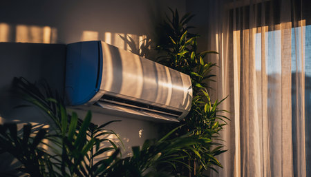 An air conditioner unit on a wall is surrounded by green plants with sunlight streaming through a curtain.の素材