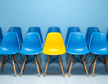 A yellow chair is positioned in front of a line of blue chairs against a blue wall.の素材