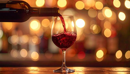 Pouring red wine into glass on blurred background with bokeh lightsの素材
