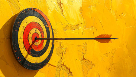 An arrow with orange fletching strikes the bullseye of a target on a textured yellow wall.の素材