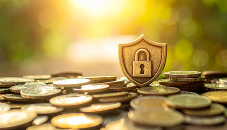 Coins and padlock on bokeh background, business security conceptの素材