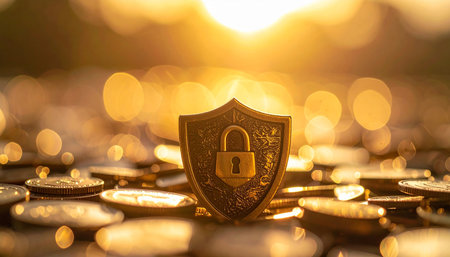 Gold coin stack with padlock on golden bokeh light background.の素材