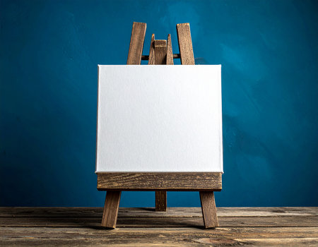 Easel with blank canvas on wooden table and blue wall background.の素材