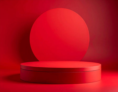 Red round podium on red background. 3D rendering. Mock upの素材