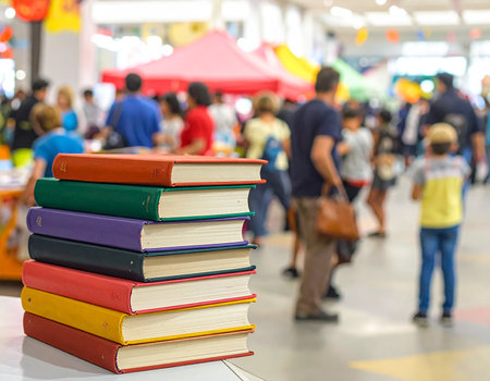 Pile of books with blurred people in the background at the fairの素材