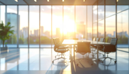 Office meeting room with table and chairs, blurred background. 3d renderの素材