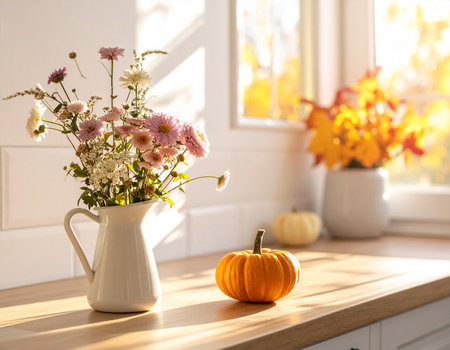 Vase with beautiful flowers and pumpkin on table in room, closeupの素材