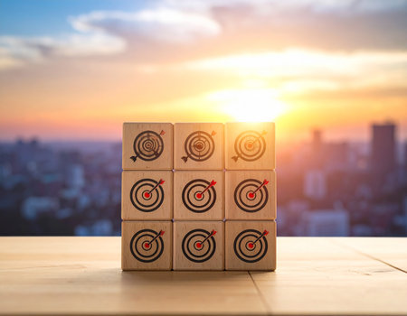 Business target and dart board on wooden table over blur of cityscape and sunset sky backgroundの素材