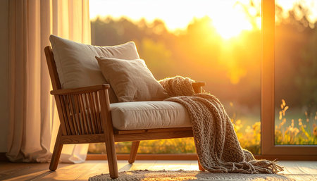 Comfortable armchair with knitted plaid on window sill at sunsetの素材