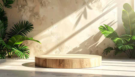 3d render of minimal scene with wooden podium and tropical palm leaves.の素材