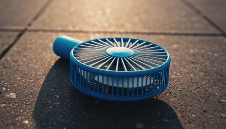 Blue electric fan on the ground. Close-up. Selective focus.の素材