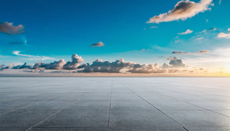 Empty square floor and sky with clouds at sunset,panoramic viewの素材