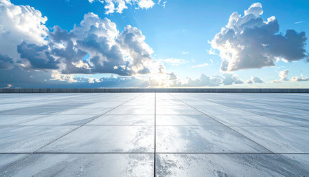 Empty square floor and blue sky with white clouds. Perspective view.の素材