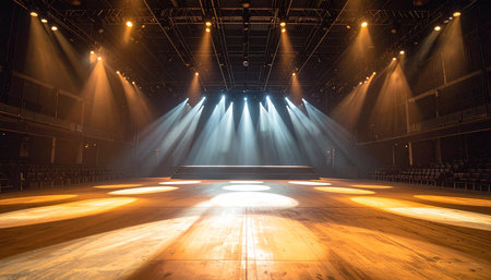 stage lighting effect in the dark with wooden floor and stage lighting equipmentの素材