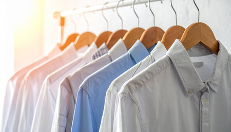 Men's shirts on hangers in a row on a white backgroundの素材