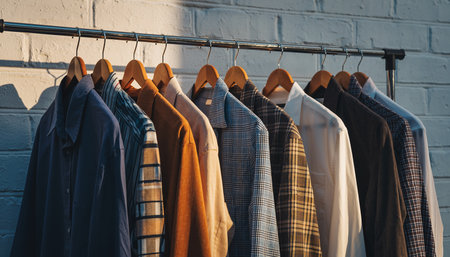 Men's shirts on a hanger on a brick wall background.の素材
