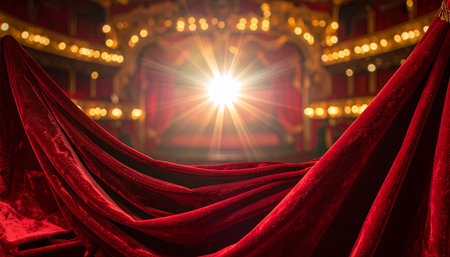 Stage with red curtains and spotlights, illuminated by the rays of the sunの素材