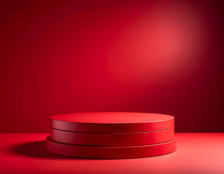 Red podium on a red background. 3d rendering, 3d illustration.の素材