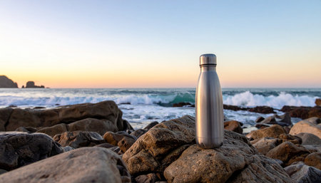 Bottle of water on the beach at sunset. Travel concept.の素材