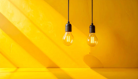 Light bulbs on yellow wall background. Minimalism style. 3D Renderingの素材