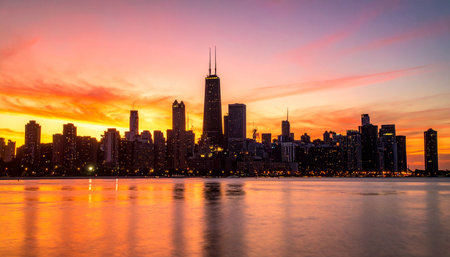 Chicago downtown skyline at sunset, Illinois, United States of America.の素材