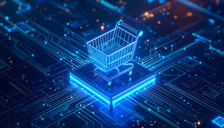 3d rendering of shopping cart icon on blue circuit board background. Online shopping conceptの素材