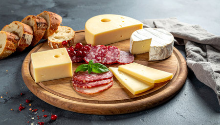 Appetizer showing cheese and salami charcuterie board with bread and pomegranate seeds keywords: cheese,...の素材