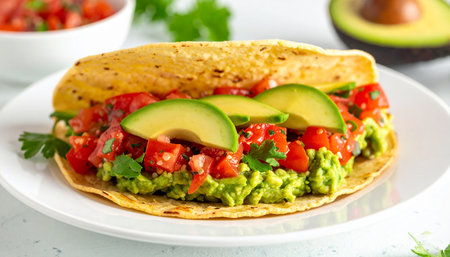 Mexican tacos with guacamole, tomatoes and avocado.の素材