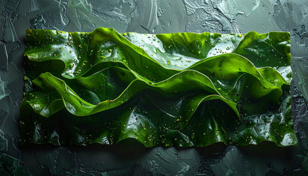 Abstract arrangement of wet green leaves with water droplets on a textured dark surfaceの素材