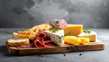 Assortment of cheese, salami and bread on wooden board.の素材