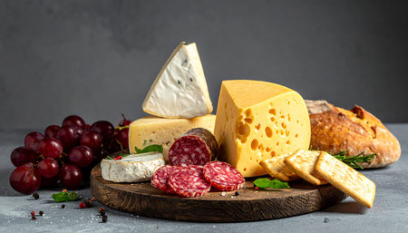 Appetizer showing assorted cheeses charcuterie board with grapes and bread on wooden platter keywords:...の素材