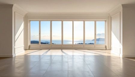 Interior of a modern house, empty room with panoramic viewの素材