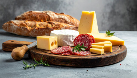 Assortment of cheese and salami on wooden board with bread.の素材
